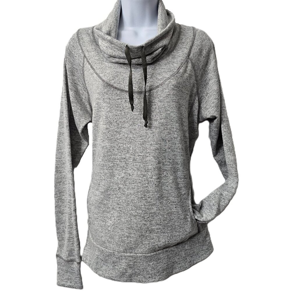 Kuhl Funnel Neck Pullover Top L Cowl Lea Kangaroo Pocket THUMB HOLE Stretch Gray